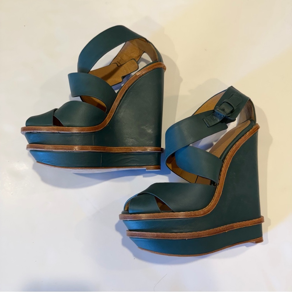 L.A.M.B Green Leather Platform Wedge Sandals Size 6 Designer Strappy Heels - Picture 3 of 8